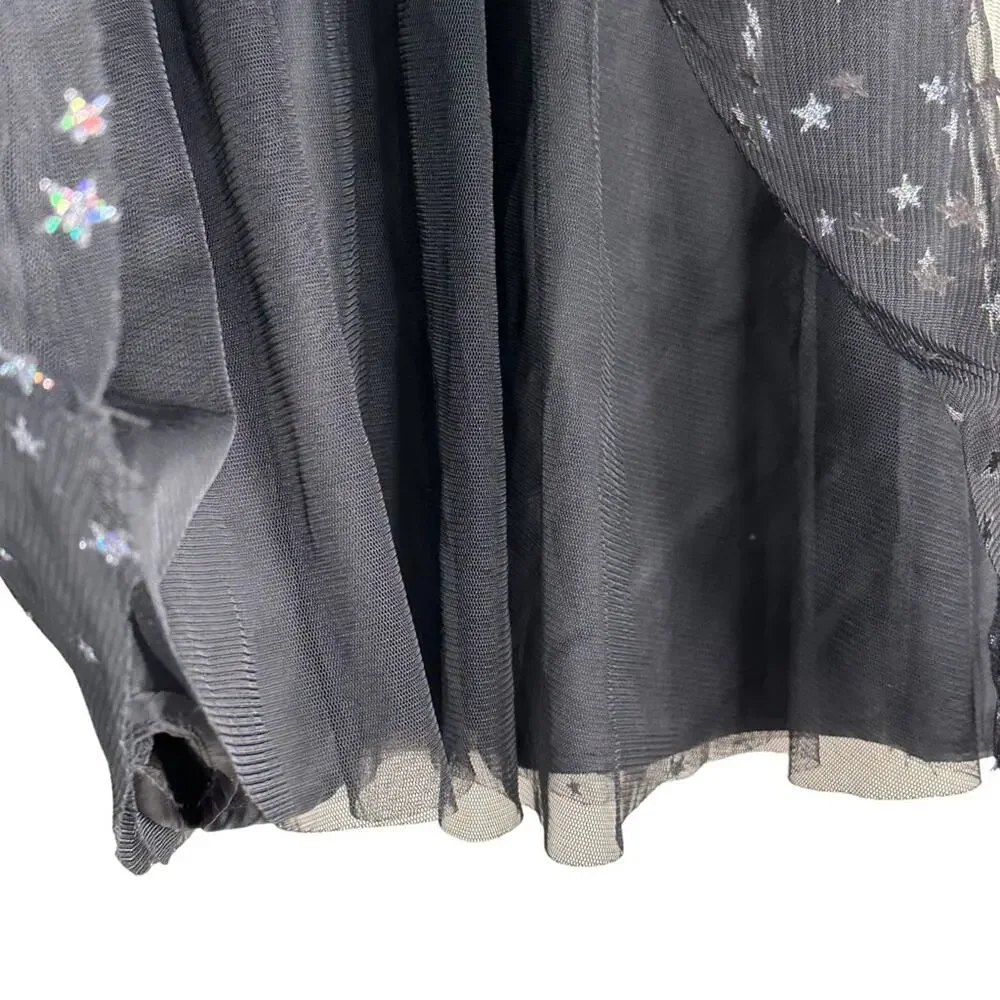 H&M Tulle Midi Dress Silver Star Print Ruffle Shoulders A-Line Lined Black 3-4Y